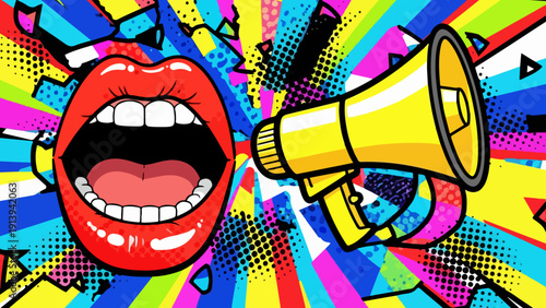 Dynamic Pop Art Graphic of a Mouth Yelling into a Yellow Megaphone with Abstract Colorful Background