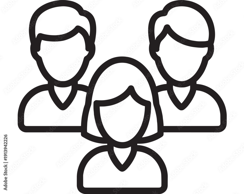 Obraz premium Team icon silhouette showing three people in a group, simple black outline avatar symbol for community, users, coworkers, organization, networking and teamwork