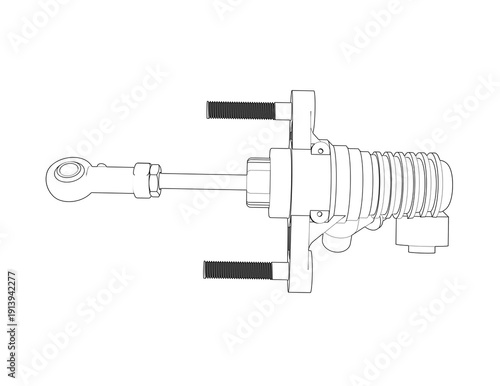 Precision Engineered Clutch Master Cylinder: Black and White Vector Diagram of Vehicle Hydraulic System Spare Part. Technical Drawing for Workshop Schematics, Automotive Service, and DOT Fluid Line