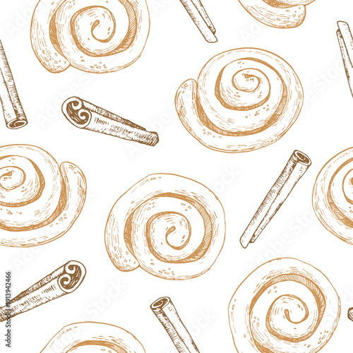 Cinnamon bun and cinnamon stick. Hand-drawn vector seamless pattern. Illustration of a sweet pastry. Template for label design, menus, recipes, bakery, and coffee shop.