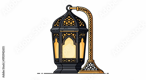 Illustration of a traditional lantern with intricate design on a stand against a white background with warm tones.