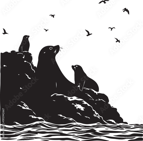 Sea lions resting on rocky coast with flying birds ocean waves wildlife nature habitat marine illustration vector design