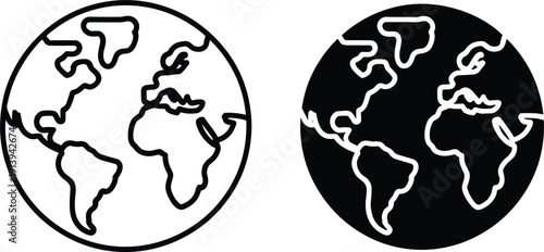 Earth globe world map line and solid icon set, global geography and travel concept for international business