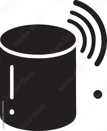 Black cylindrical speaker icon with Wi-Fi signal waves isolated on transparent background