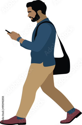 Young bearded man walking and using smartphone with shoulder bag, casual professional student lifestyle concept vector illustration