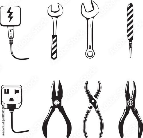 Hand tools and electrical plugs illustration with wrenches screwdriver pliers outlet stylized vector design educational graphic