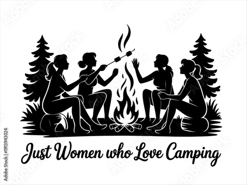 Women camping silhouette, chatting and roasting marshmallows by fire, pine trees in background.