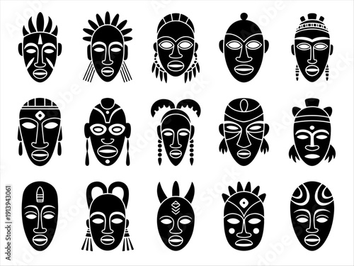 African tribal masks in grid, bold black and white designs showcasing cultural symbolism.
