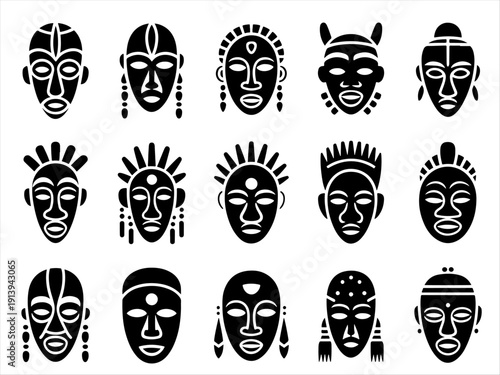 Fifteen African tribal masks in rows, each with unique geometric and cultural design.