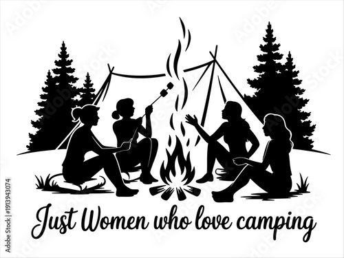 Four women around campfire, roasting marshmallows, bonding in forest tents under pine trees.