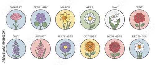 Birth Month Flower Icon Set with January to December Months