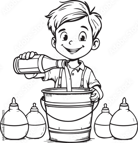 Cartoon boy pouring liquid into bucket with baby bottles caregiving childhood responsibility activity vector illustration design