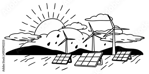 Solar Panels and Wind Turbines at Sunset – Clean Energy and Sustainability Concept