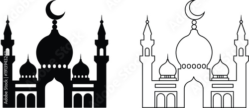 Islamic mosque building silhouette and line icons set, traditional masjid architecture for religious celebration design