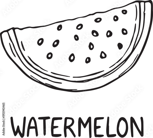 Watermelon slice illustration with seeds rind uppercase text fruit food agriculture culinary education vector design