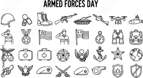 Armed Forces Military Icons Set: Black and White Outline Line Art Doodle of Army, Navy, Air Force Equipment, Vehicles, and Symbols for Armed Forces Day