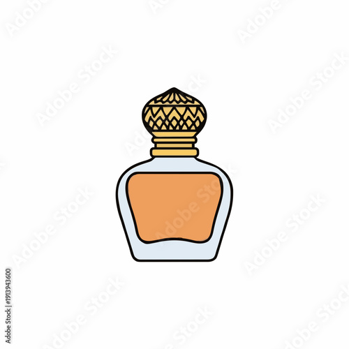 Elegant Glass Perfume Bottle With Ornate Gold Cap And Amber Liquid In A Studio Setting