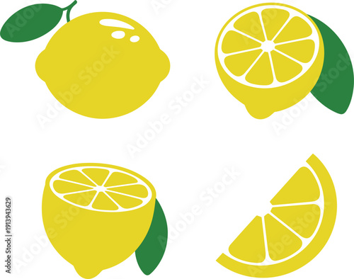 Fresh yellow lemon fruit set with whole lemons and sliced citrus pieces with green leaves vector illustration