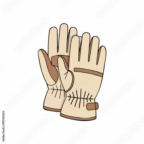 Pair Of Beige Leather Work Gloves With Brown Accents And Adjustable Straps On White Background
