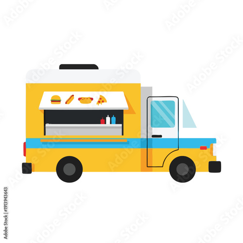 Colorful Food Truck Serving Snacks and Beverages on City Street