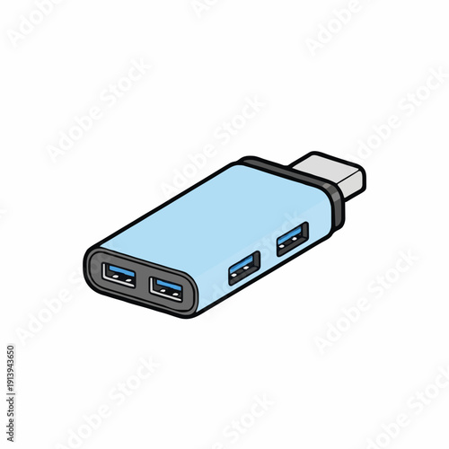 Light Blue USB Hub With Multiple Ports And Silver Connector On White Background