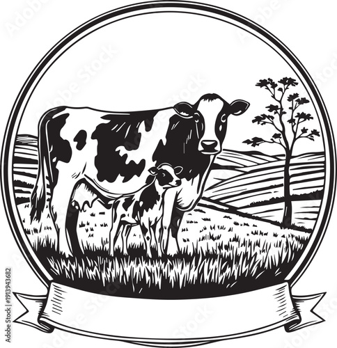 Cow and calf pastoral illustration circular frame ribbon banner rural farming livestock dairy branding vector design