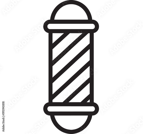 Barber pole icon in bold black outline with diagonal stripes, minimal flat symbol for barbershop signage, grooming services, hair salon branding on white