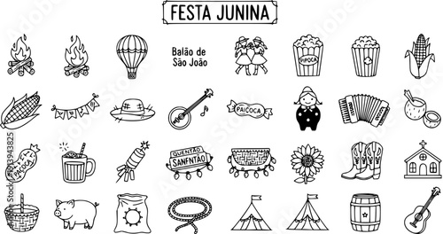 Festa Junina Black  White Line Art Icons Set. Traditional Brazilian June Festival Celebration Elements including Food, Music, Decorations, and Rural Objects.