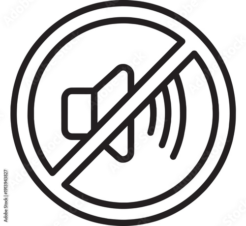 Muted speaker icon with prohibition circle showing no sound or silent mode symbol, black line vector on white background for UI, app controls, settings and audio alerts