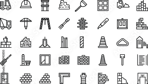 Black outline construction icons set, building materials, tools, bricks, cones, windows, doors, architectural symbols, vector line art collection for web UI