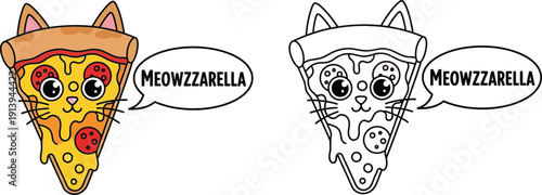 Adorable Meowzzarella Pizza Cat Puns Cute Feline Food Cartoon Vector