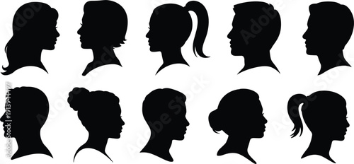Men and women human head profile silhouette set, diverse avatar collection for social media and design