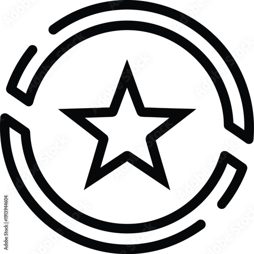 Black and white line art icon of a five pointed star enclosed in a broken circular frame. Vector