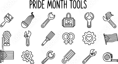 Pride Month Tools Outline Icons Collection. Diverse LGBTQ Symbols of Wrenches, Paint Brushes, Flags, and Social Awareness in Black and White Line Art.