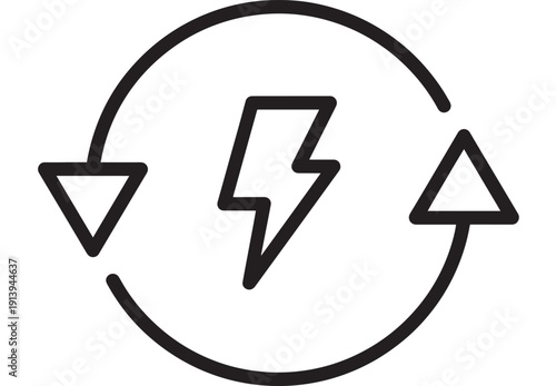 Energy recycling icon showing circular arrows and lightning bolt, minimal line symbol for renewable power, battery charging, electricity transfer and sustainability