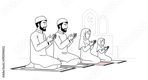 Line drawing of a Muslim family praying together on mats with a mosque background in a simple, monochromatic style conveying a peaceful mood.