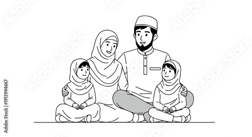 Line drawing of a Muslim family sitting together on the floor with traditional clothing and headscarves against a white background.