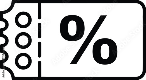 Black and white line icon of a discount coupon with a percent symbol on a white background. Vector