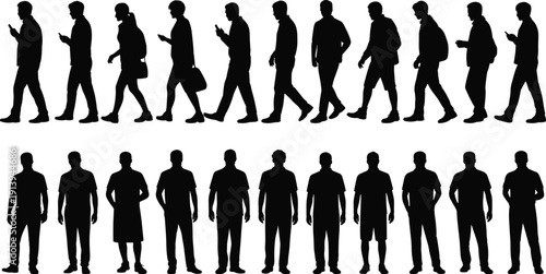 Walking standing men silhouette vector collection, male pedestrian motion poses, urban lifestyle characters, black minimalist human icon set