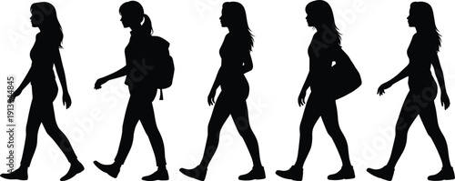 Walking woman silhouette vector set, female side view poses, modern lifestyle pedestrian motion, black minimalist human character icons