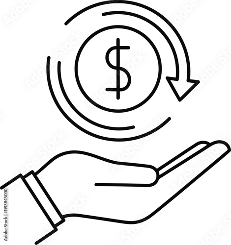 Cash back and money refund icon with hand and dollar coin symbols on white background Vector