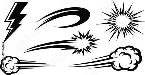 Black comic speed lines and action effects vector set, lightning bolt and explosion graphics for dynamic manga design