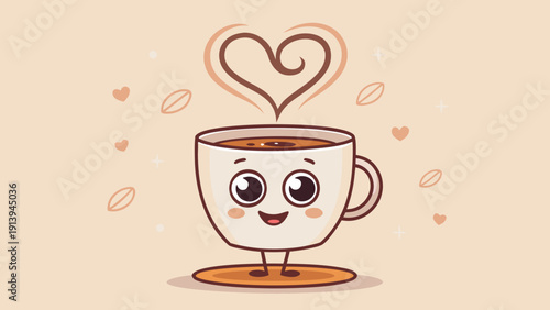 Cute cartoon coffee cup with heart steam smiling cheerfully