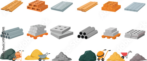 Construction materials assortment lumber, bricks, concrete slabs, metal pipes, pallets, sand, gravel, cement mixers, wheelbarrows, building supplies stock photo collection