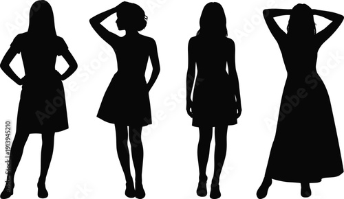 Women fashion silhouette collection, stylish female dress poses, confident body shapes, elegant lifestyle concept, modern vector illustration