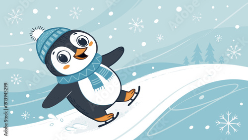 Adorable penguin ice skating on snowy hill in winter wonderland