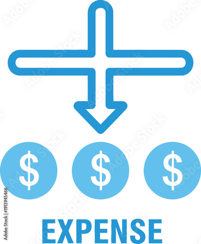 Blue financial icon representing business expenses with a downward arrow and dollar coins Vector