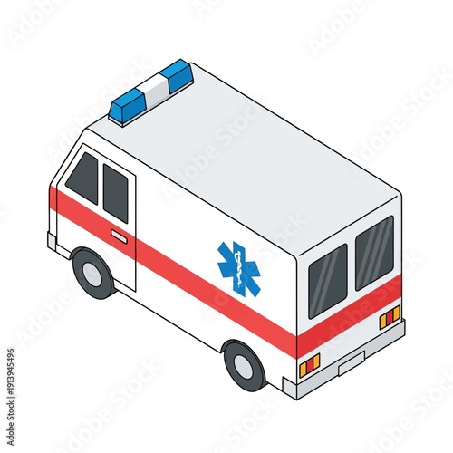 Isometric Ambulance Vehicle with Star of Life Symbol.