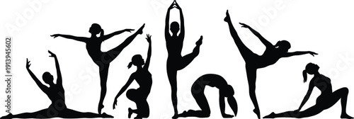 Yoga dance silhouette set, flexible women fitness poses, stretching balance exercises, healthy lifestyle concept, body movement vector illustration
