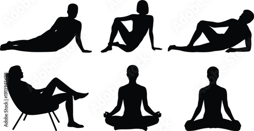 Yoga relaxation silhouette set, seated meditation poses, flexible body stretching exercises, calm wellness lifestyle concept, healthy balance vector illustration